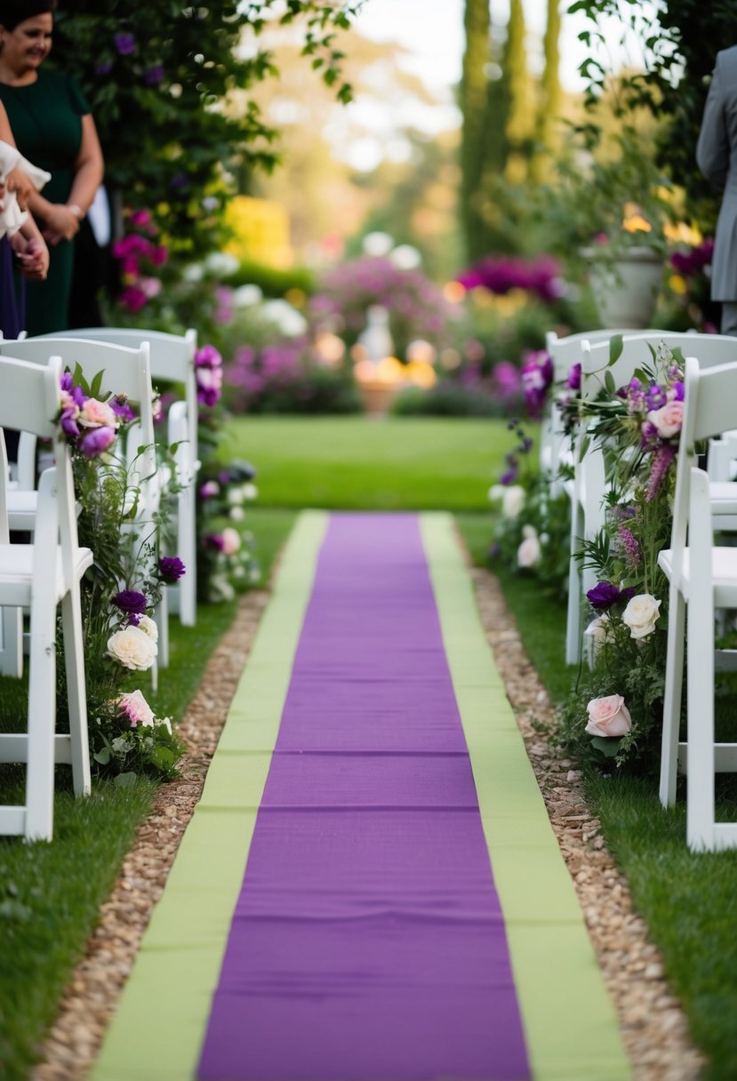 A purple and green aisle runner leads through a garden, adorned with flowers and foliage, creating a whimsical and romantic atmosphere