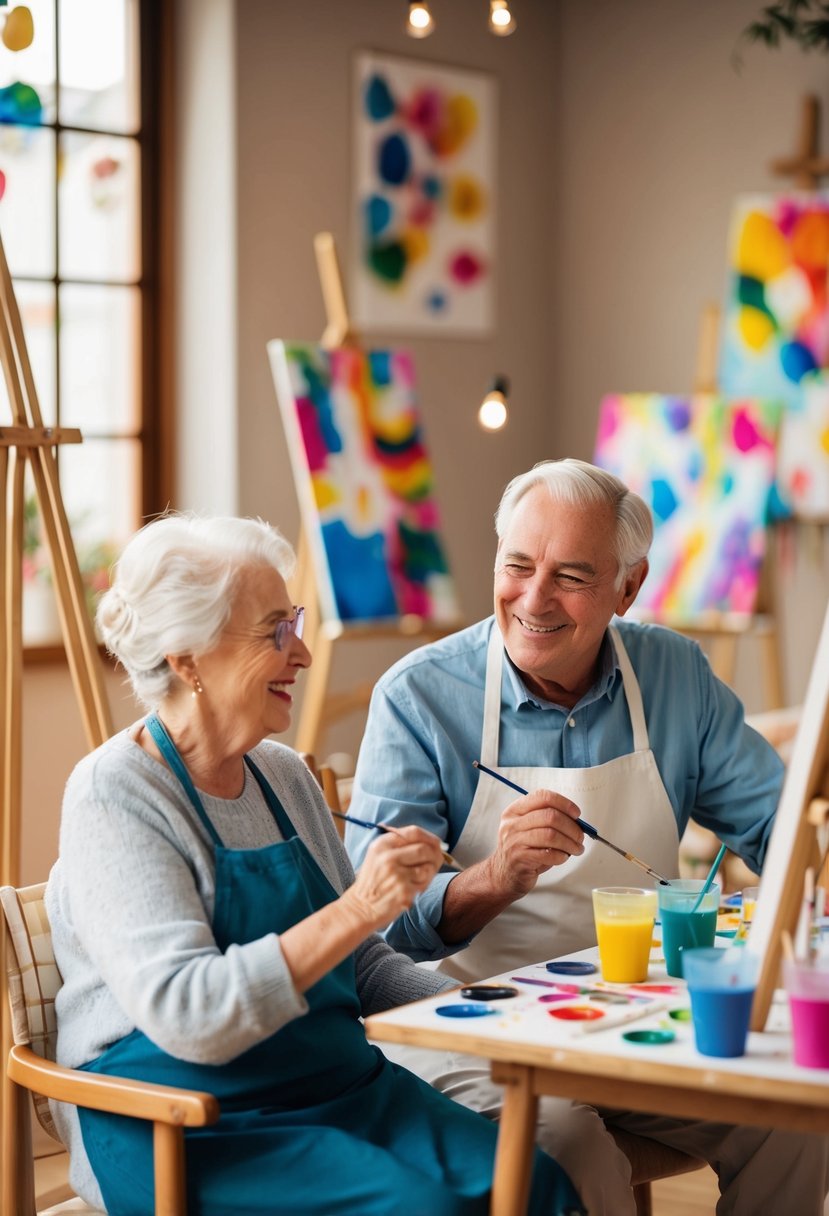 An elderly couple sits at a table, painting together in a cozy art class. The room is filled with colorful artwork and the couple is smiling and enjoying each other's company