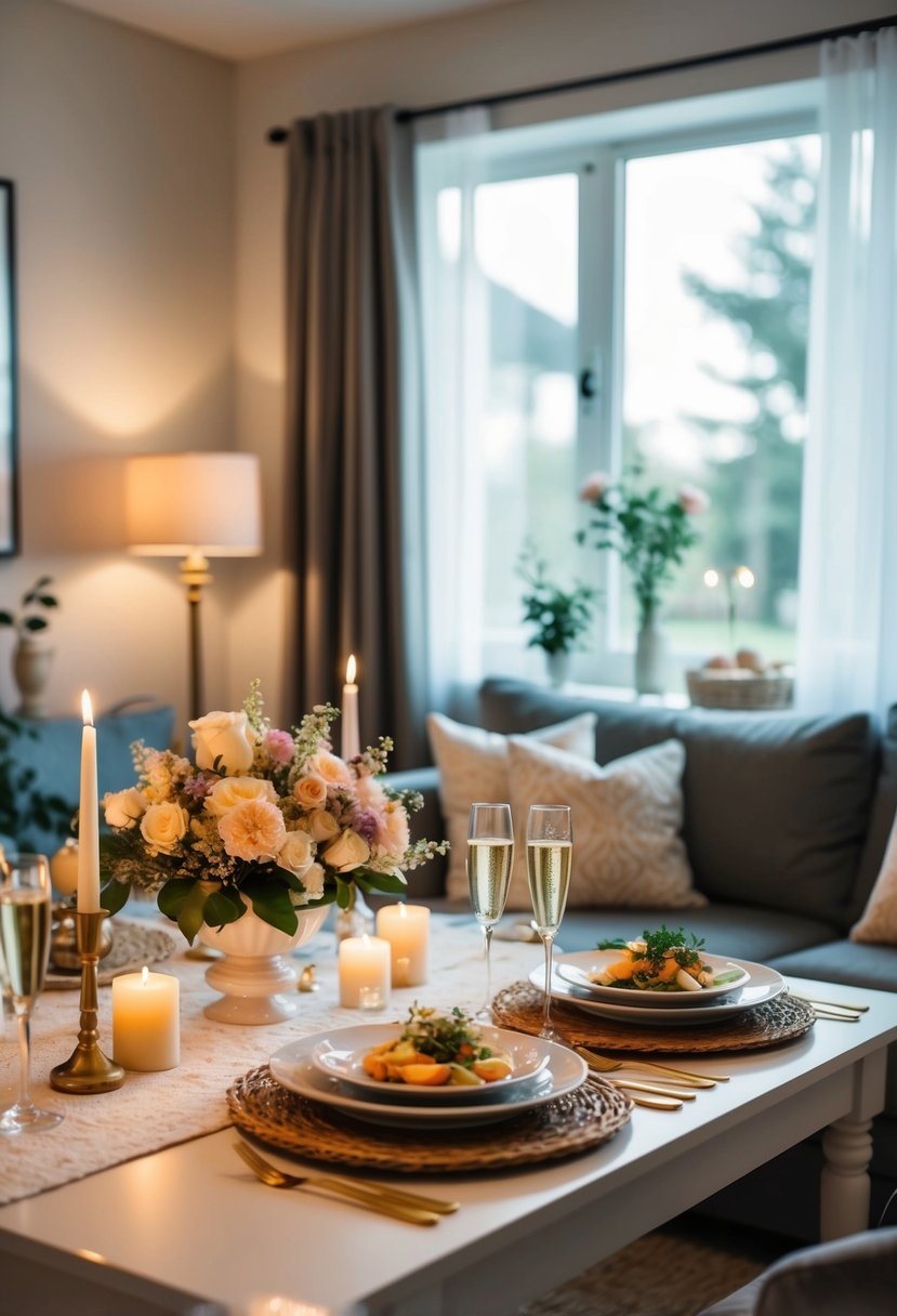 A cozy living room with candles, flowers, and a beautifully set table for two. A homemade meal and champagne on ice await