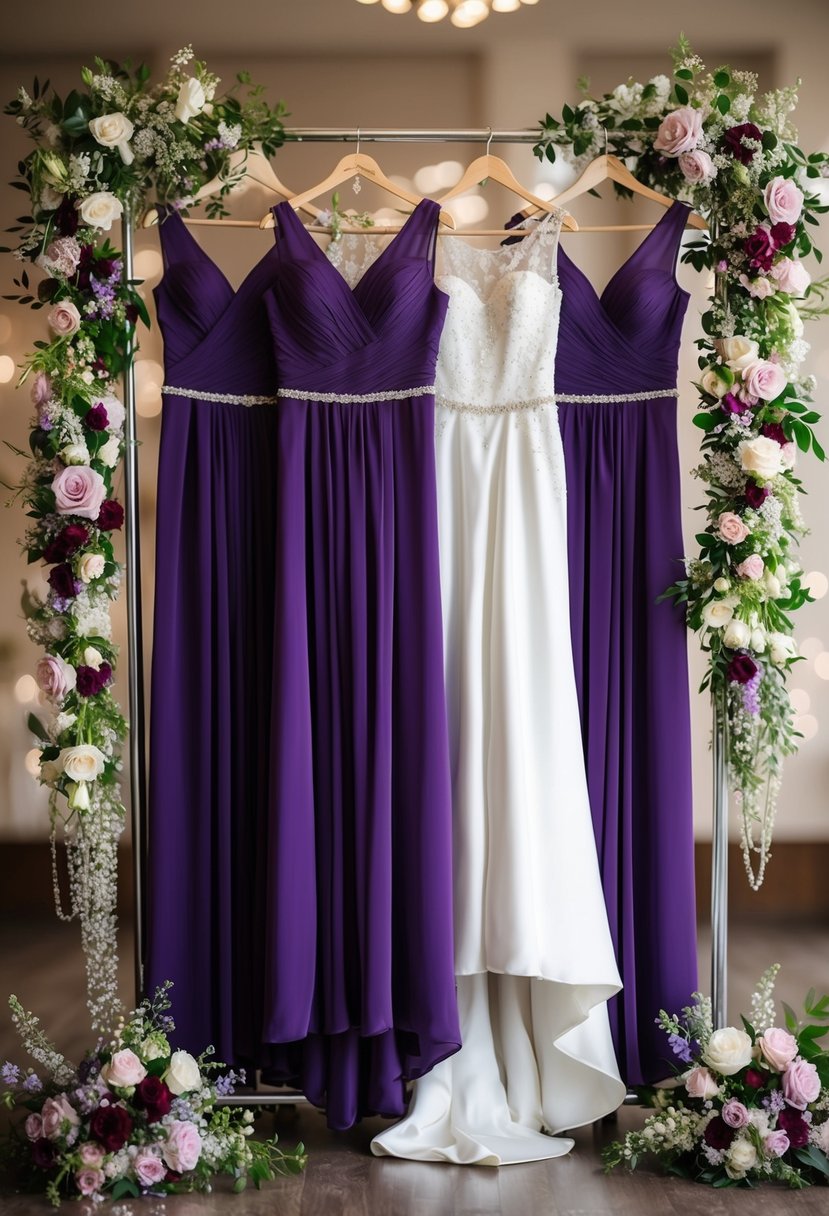 A group of royal purple bridesmaids dresses hanging on a rack, surrounded by elegant floral arrangements and sparkling jewelry