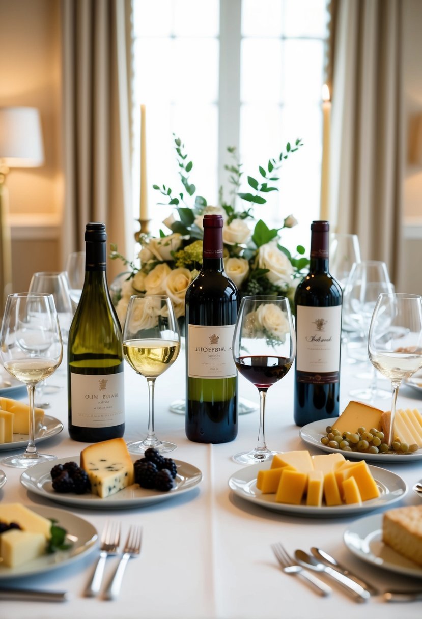 A table set with various wine bottles, glasses, and cheese platters, surrounded by elegant decor and soft lighting