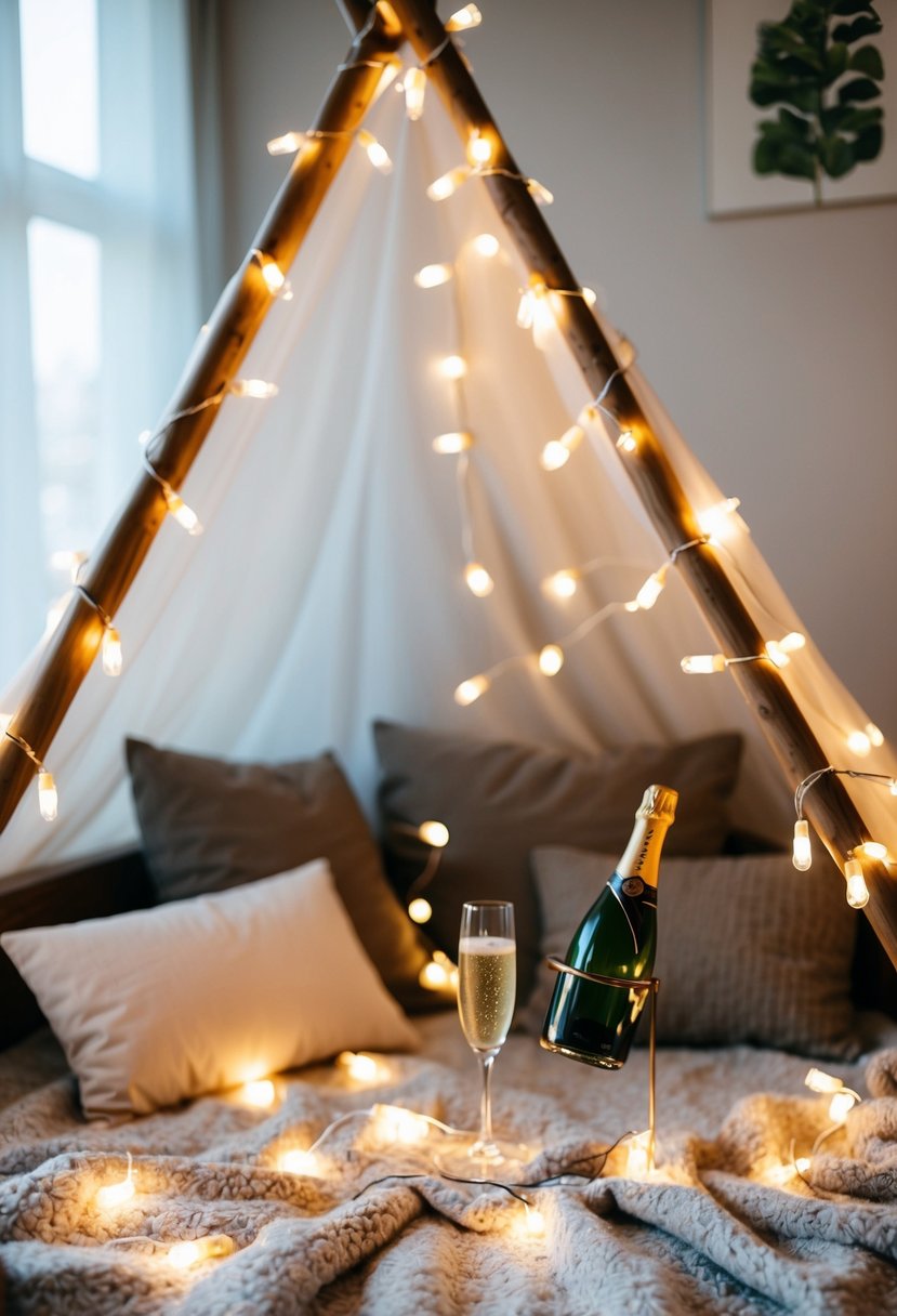 A cozy blanket fort with fairy lights, pillows, and champagne for a romantic wedding anniversary celebration at home