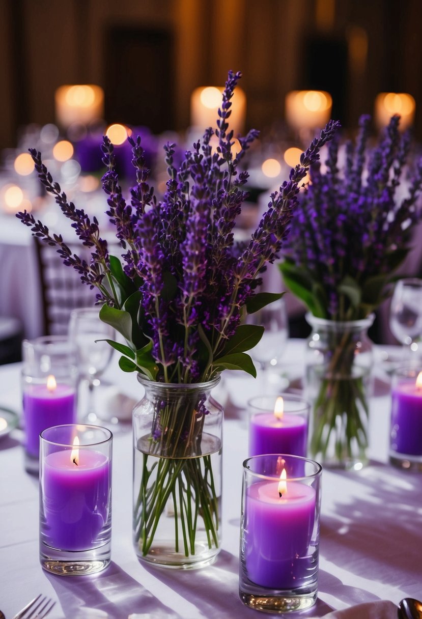 A table adorned with lavender scented candles in glass holders, casting a soft purple glow on a wedding reception