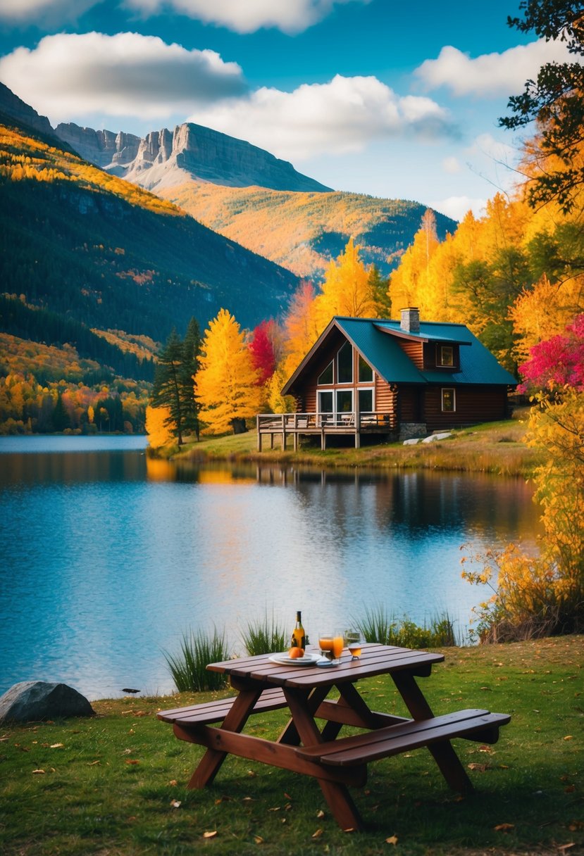 A cozy cabin nestled in the mountains, surrounded by colorful autumn foliage and a serene lake, with a picnic table set for two