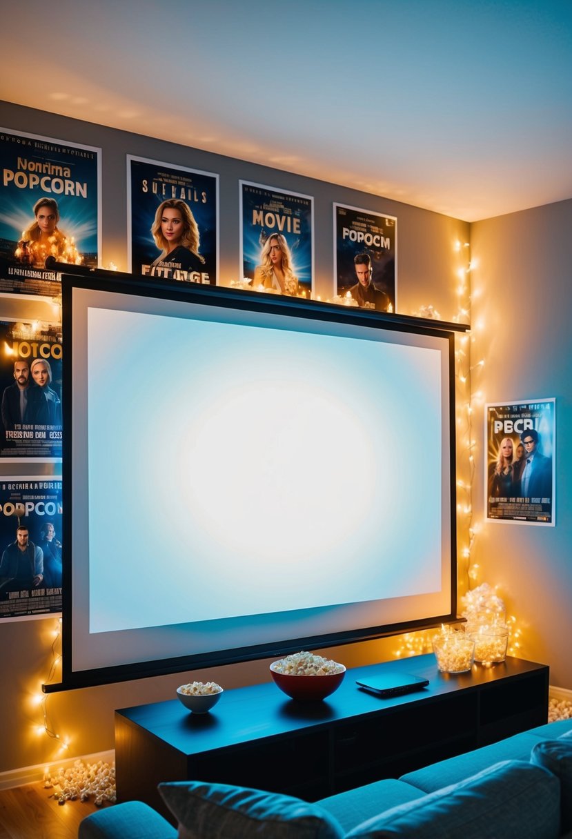 A cozy living room with a projector screen and popcorn, surrounded by movie posters and fairy lights