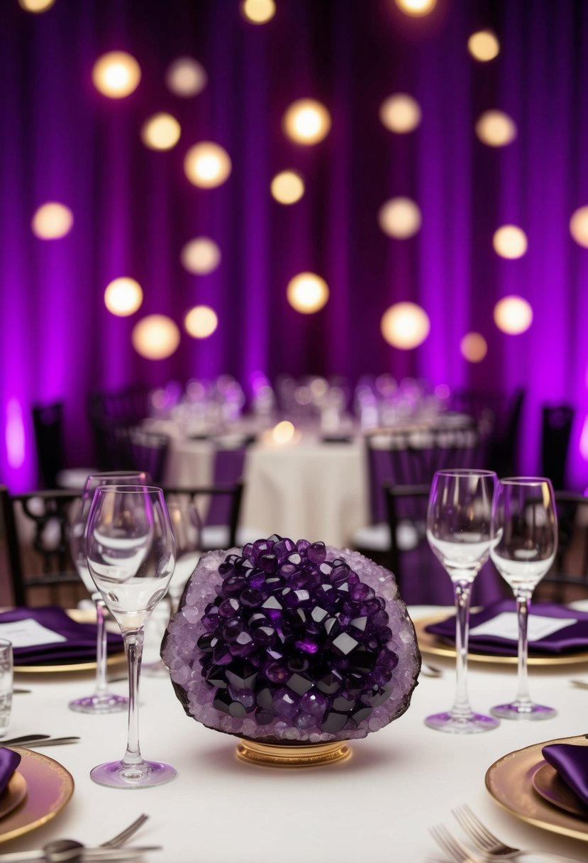 A table adorned with amethyst gemstone decor, set against a backdrop of rich purple hues, creating an elegant and luxurious ambiance for a wedding celebration