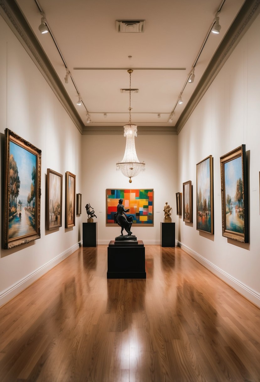 An elegant art gallery with colorful paintings and sculptures, soft lighting, and a peaceful atmosphere