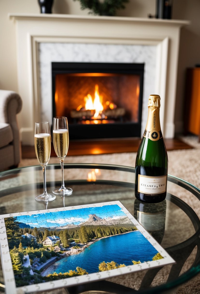 A cozy living room with a crackling fireplace, a table set with a challenging puzzle of a scenic favorite place, and a bottle of champagne on ice