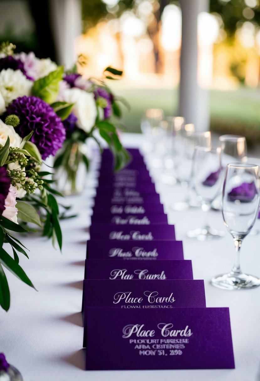 Deep purple place cards arranged on a table with floral centerpieces for a wedding