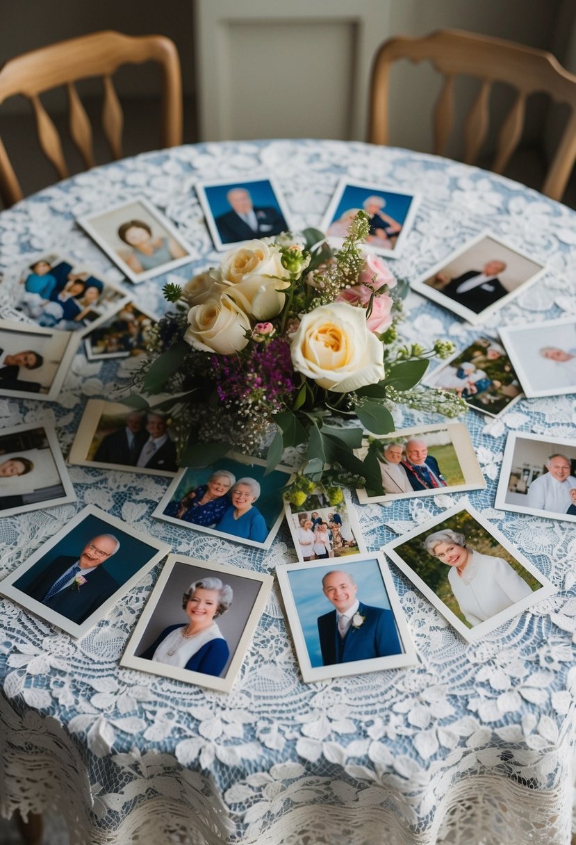 A table set with a vintage lace tablecloth, surrounded by family photos and memorabilia from 69 years of marriage