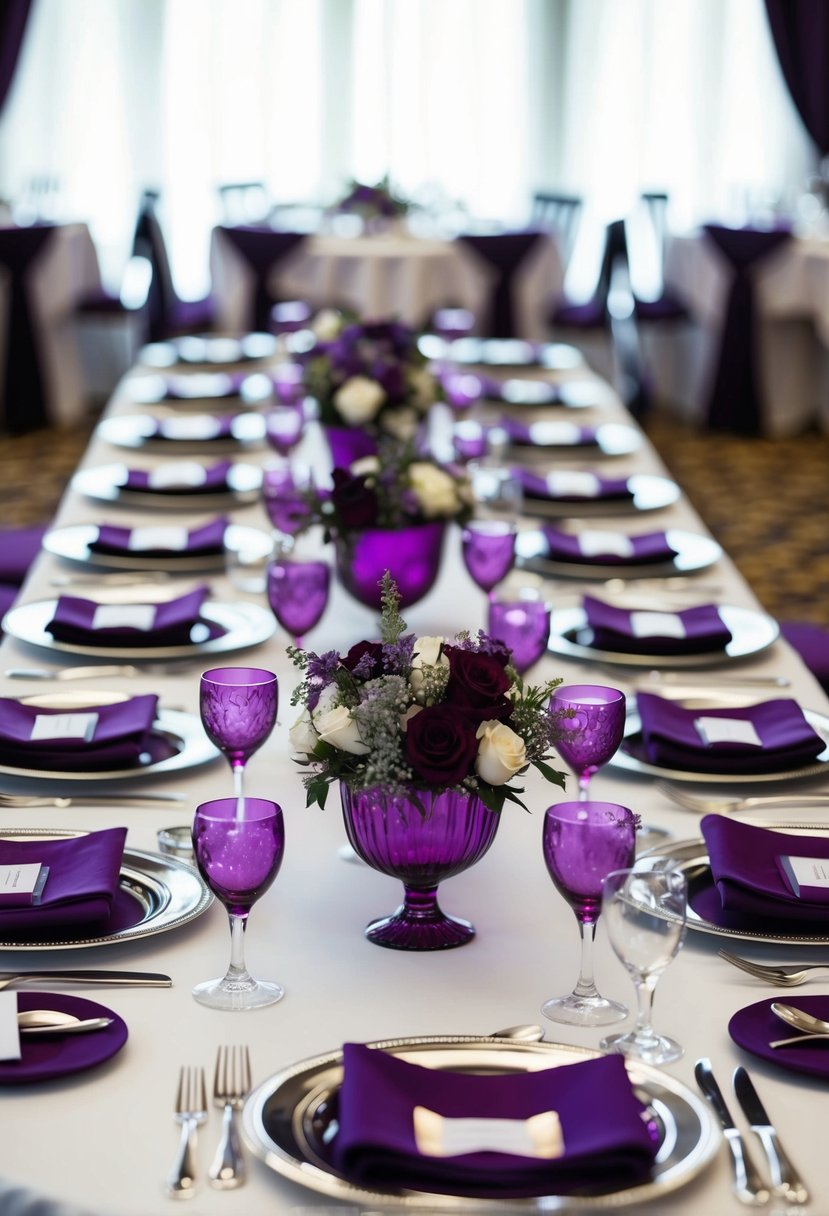 A table adorned with purple and silver tableware for a wedding celebration