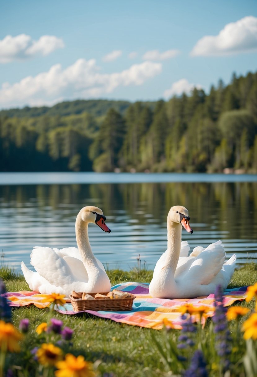 A serene lakeside picnic with colorful wildflowers and a pair of swans gliding on the water