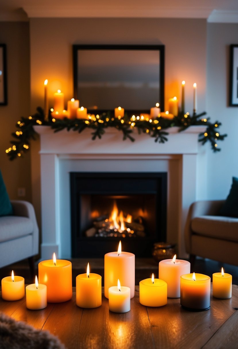 A cozy living room with a fireplace, adorned with flickering candles of various sizes and colors, casting a warm and inviting glow throughout the space