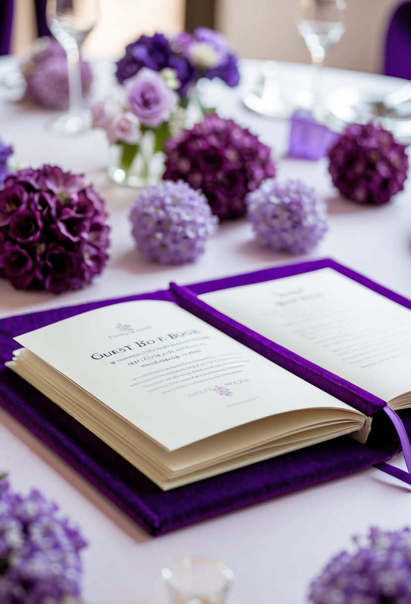 A purple velvet guest book lying open on a table, surrounded by delicate purple wedding decor and flowers