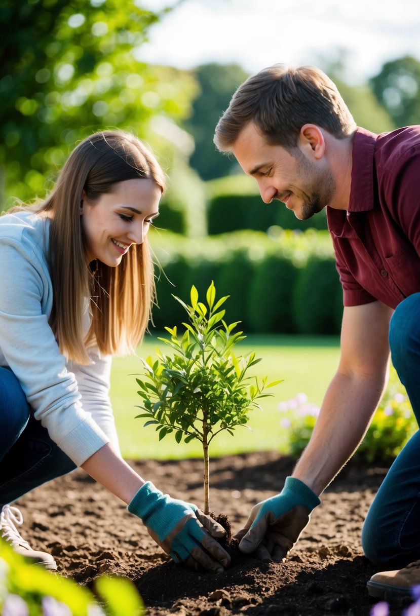 A couple planting a small tree together in a beautiful garden