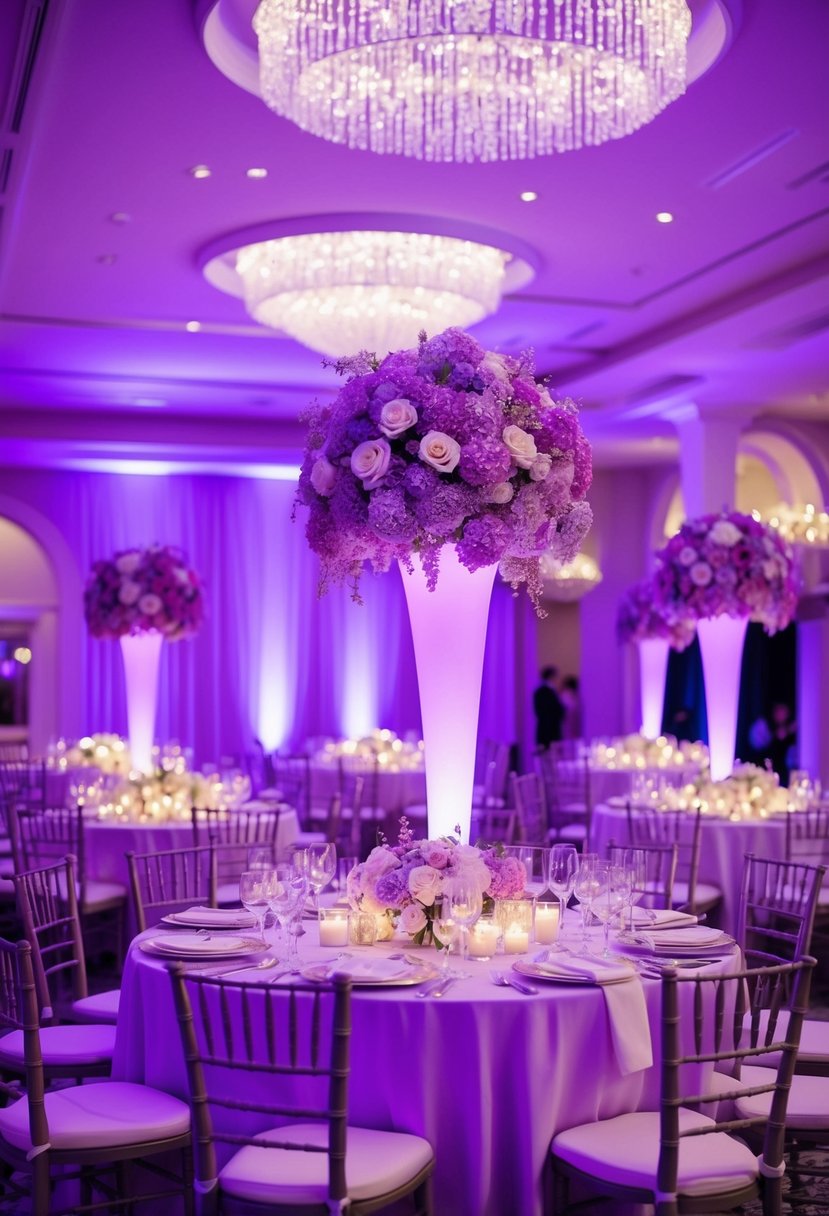 A dreamy lilac lighting scheme illuminates a romantic wedding setting, with soft purple hues casting a magical glow over the elegant decor