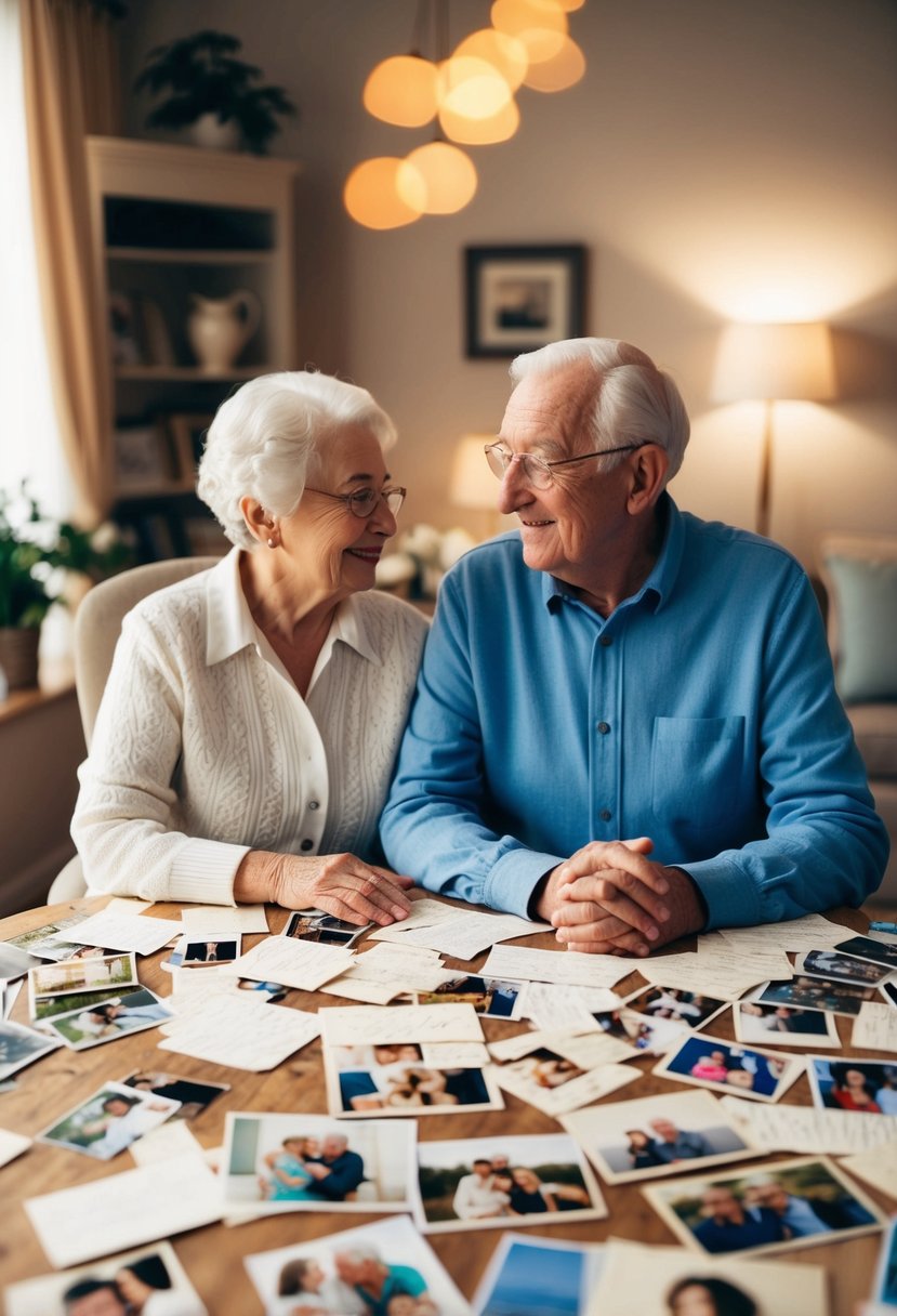 An elderly couple sits at a table covered in love letters, surrounded by photos of their life together. The room is filled with warmth and nostalgia