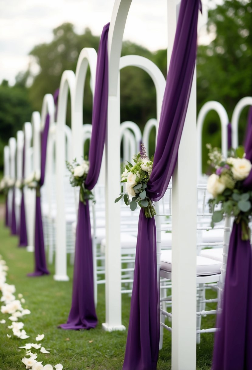 A row of white ceremony arches adorned with flowing purple drapes, creating a romantic and elegant atmosphere for a wedding celebration