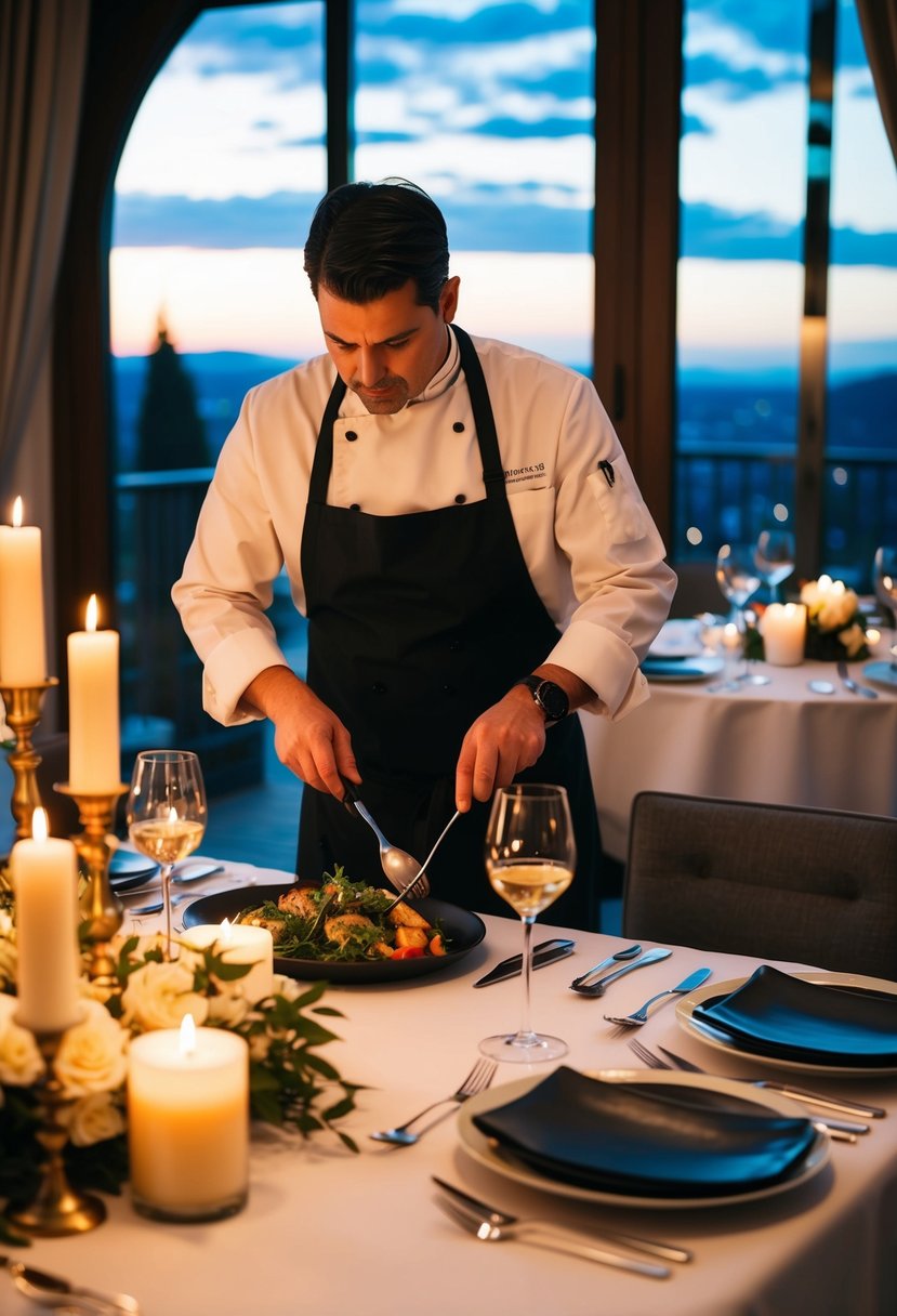 A private chef preparing a romantic dinner in a cozy, candlelit dining room with elegant table settings and a stunning view