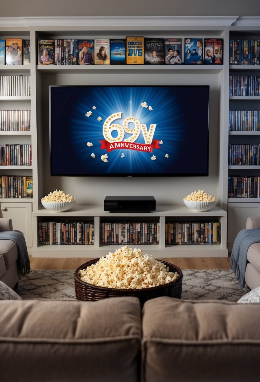 A cozy living room with a large screen TV, surrounded by shelves of classic movie DVDs, popcorn, and comfy seating for a 69th wedding anniversary movie marathon