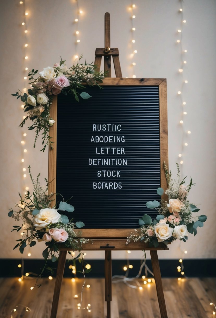 A rustic wooden letter board sits on a vintage easel, surrounded by delicate floral arrangements and twinkling fairy lights