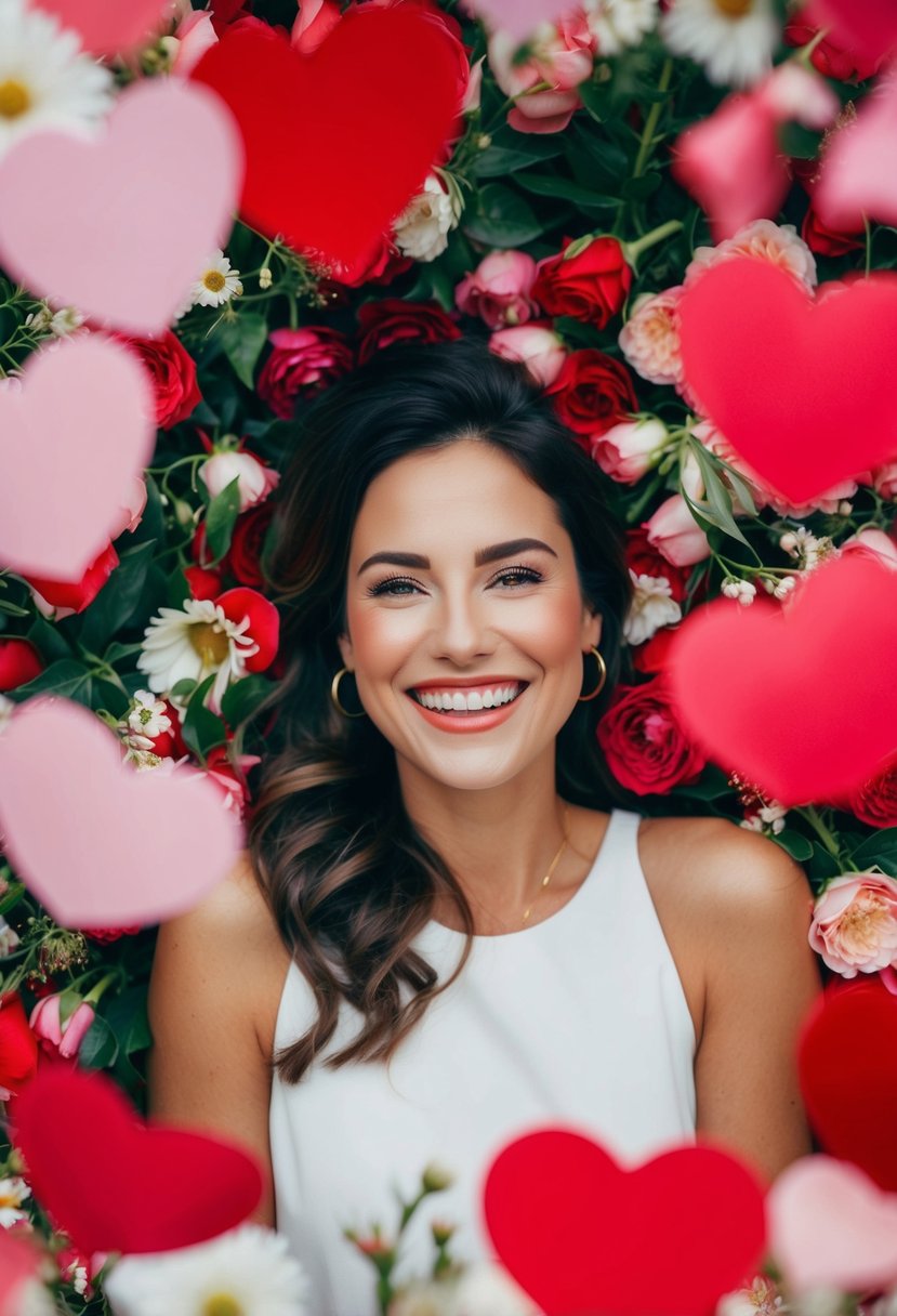 A smiling woman surrounded by flowers and hearts