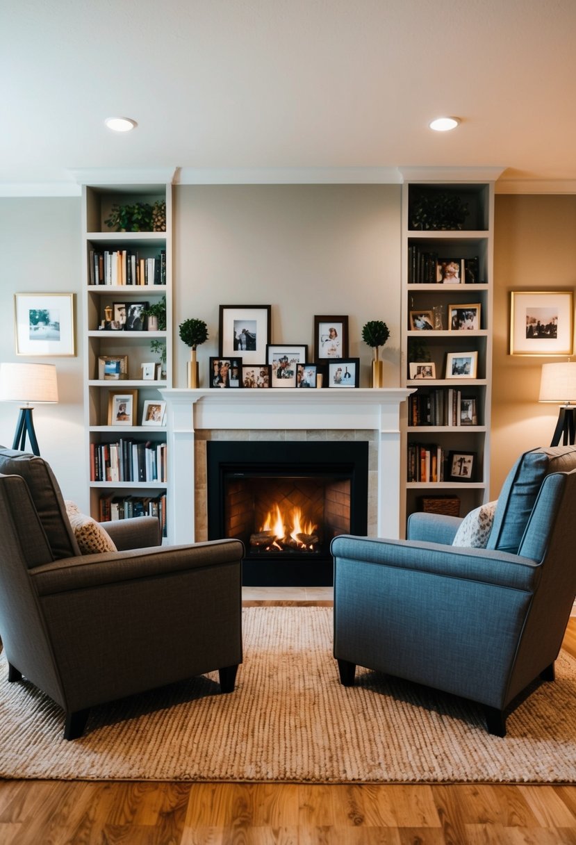 A cozy living room with two armchairs facing each other, a warm fireplace, and a shelf filled with books and family photos