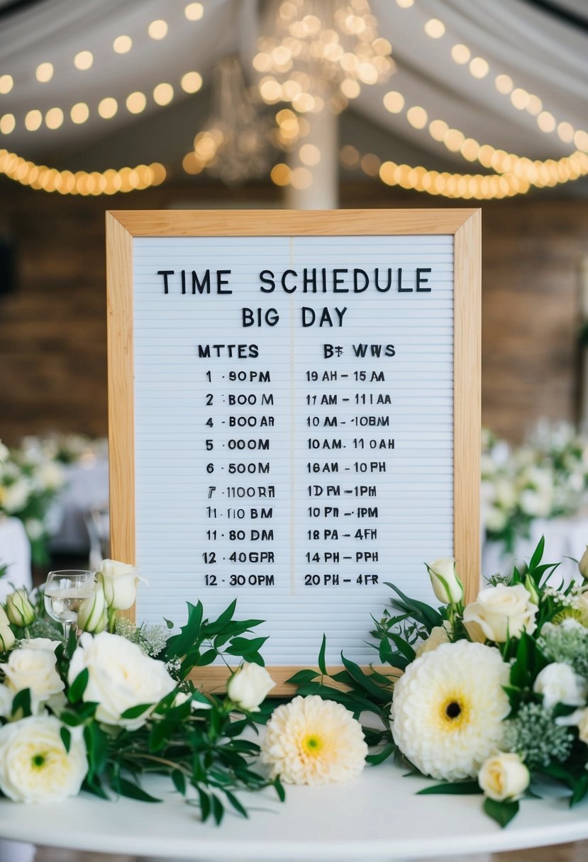 A letter board surrounded by wedding decor and flowers, displaying a detailed time schedule for the big day