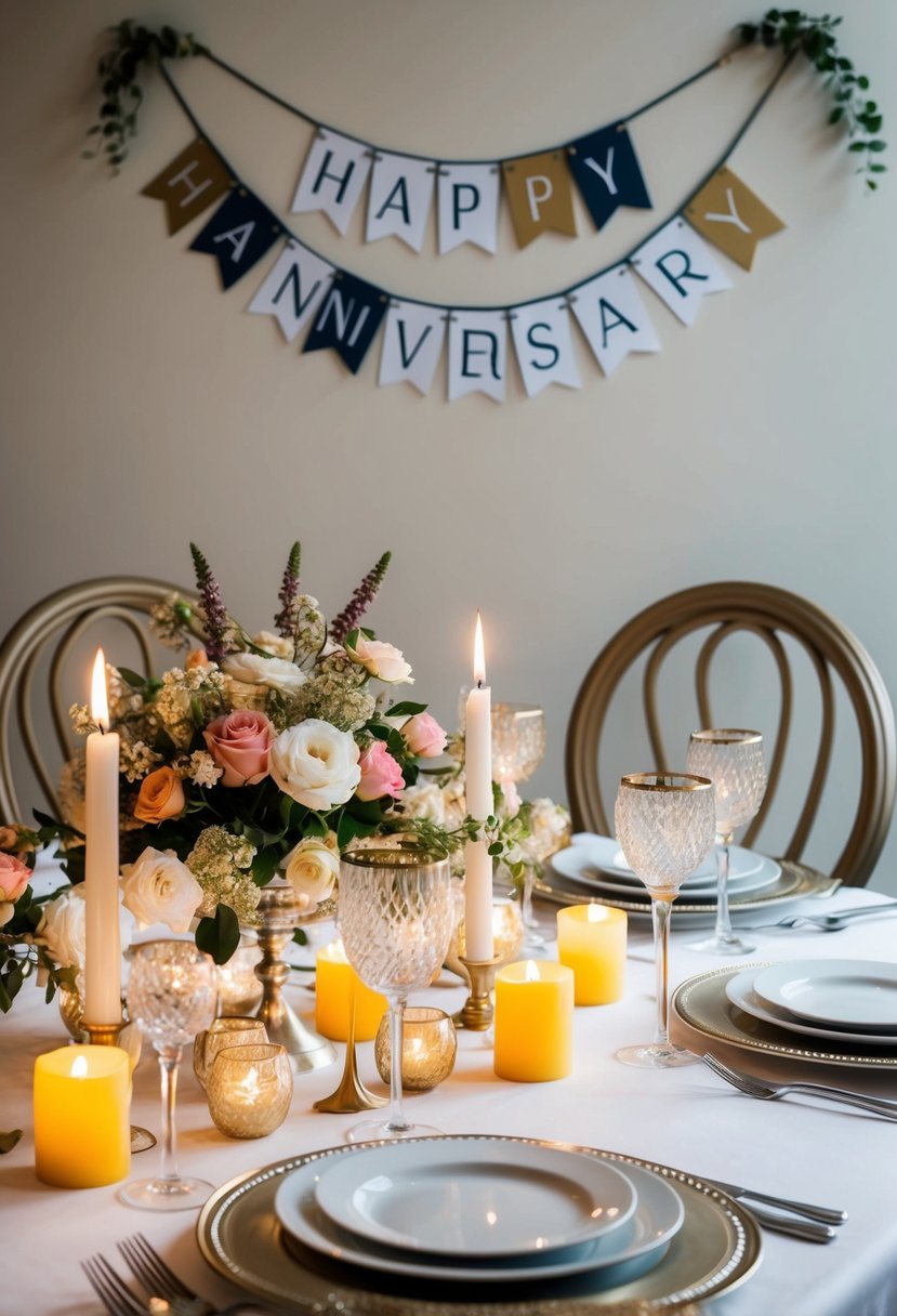 A dining table adorned with candles, flowers, and elegant tableware. A banner with "Happy Anniversary" hangs on the wall