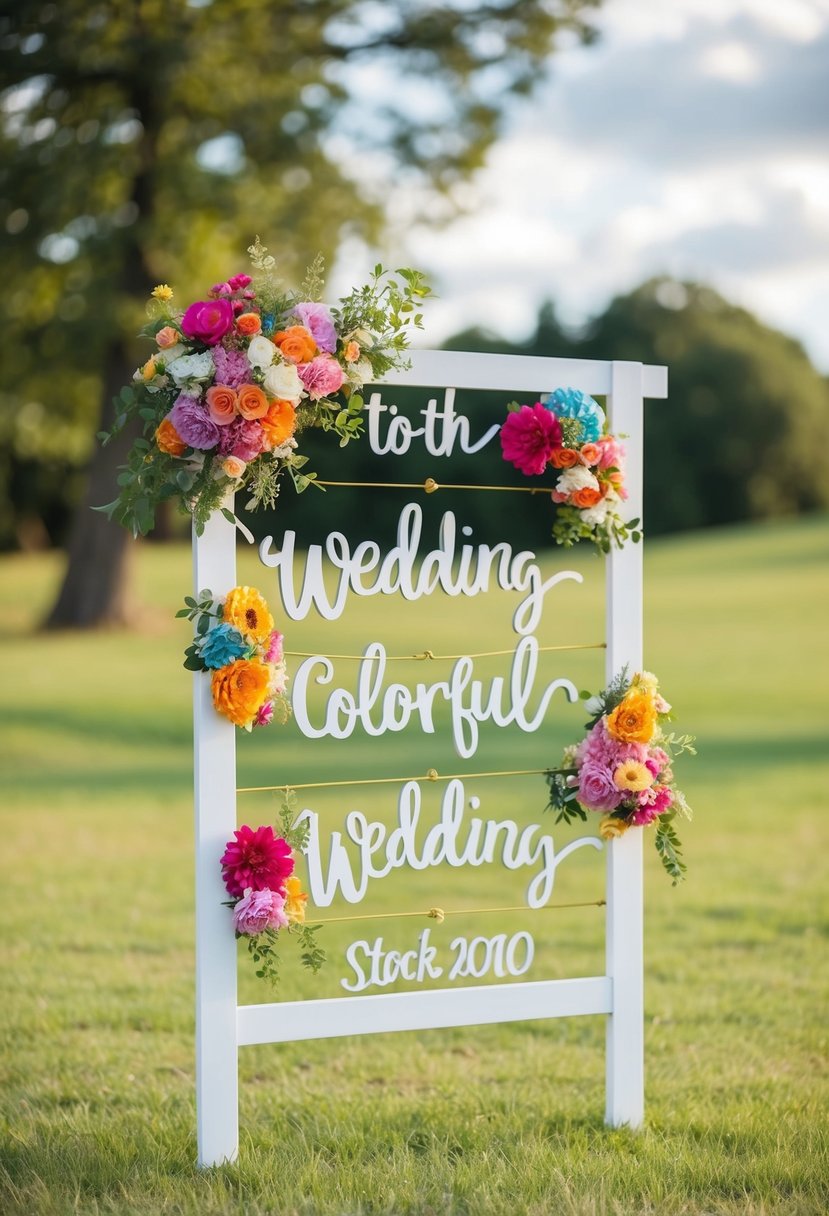 A whimsical outdoor wedding sign with colorful flowers and playful lettering