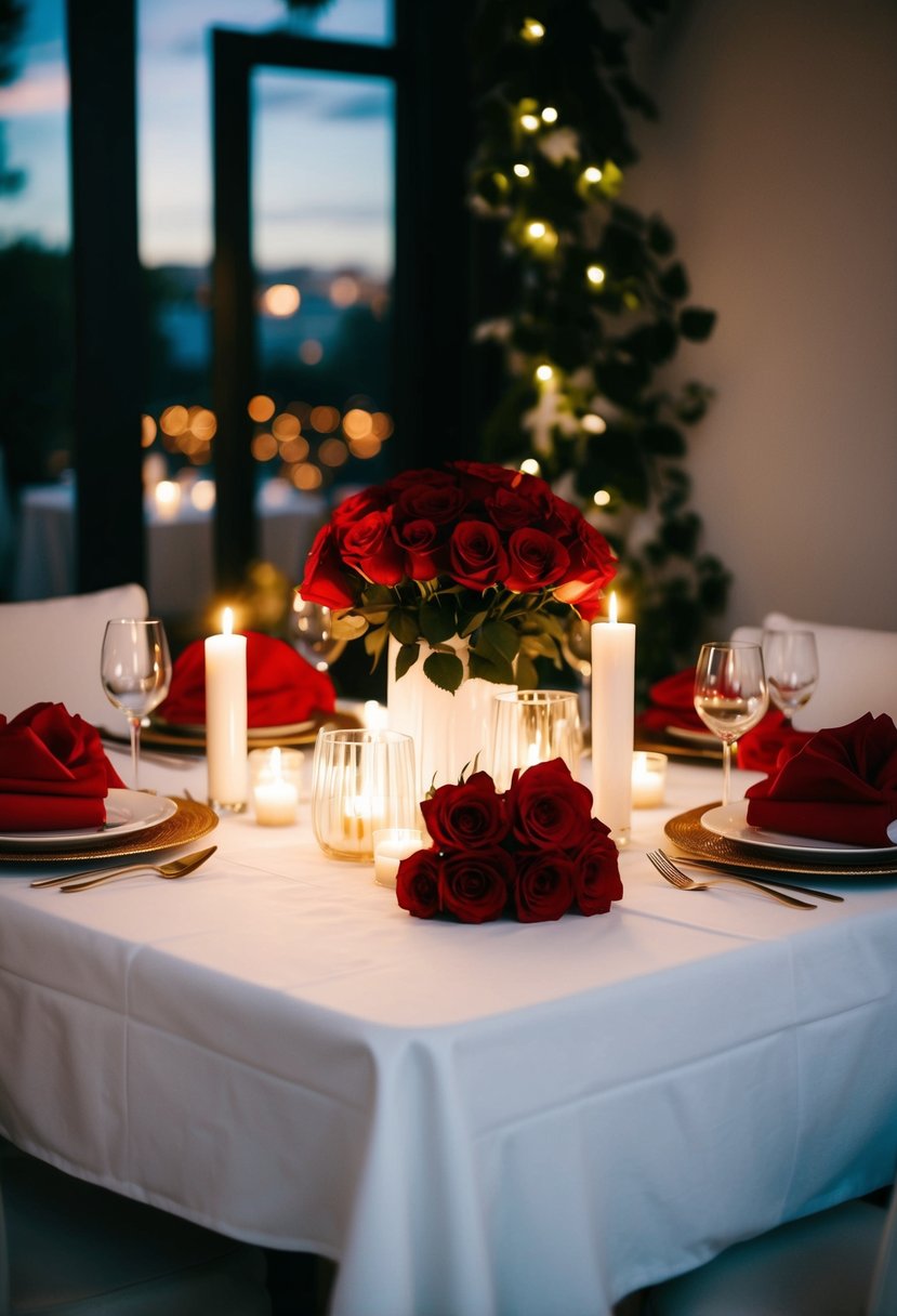 A table set with white tablecloth, adorned with red roses, candles, and dim lighting, creating a romantic ambiance for a wedding anniversary celebration at home