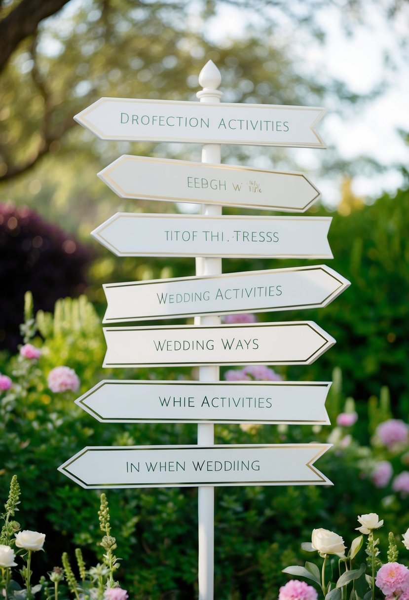 A series of elegant directional signs point the way to different wedding activities, set against a backdrop of lush greenery and blooming flowers