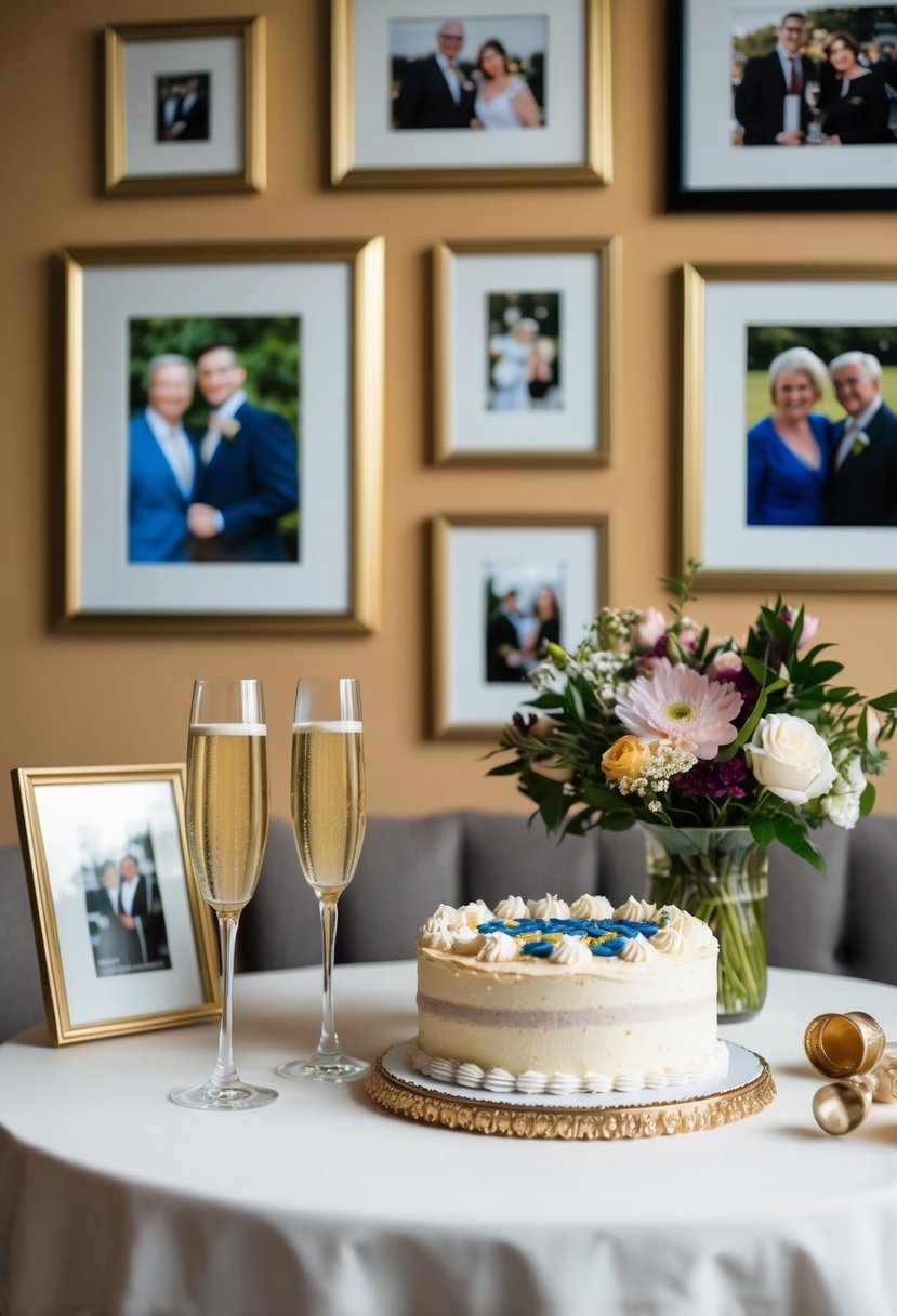 A cozy table set with two champagne glasses, a bouquet of flowers, and a beautifully decorated cake, surrounded by framed photos from over six decades