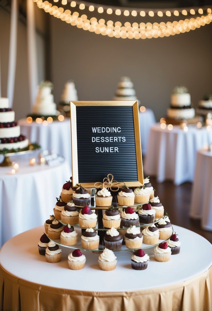 A beautifully decorated cake table with a letter board creatively labeling the wedding desserts