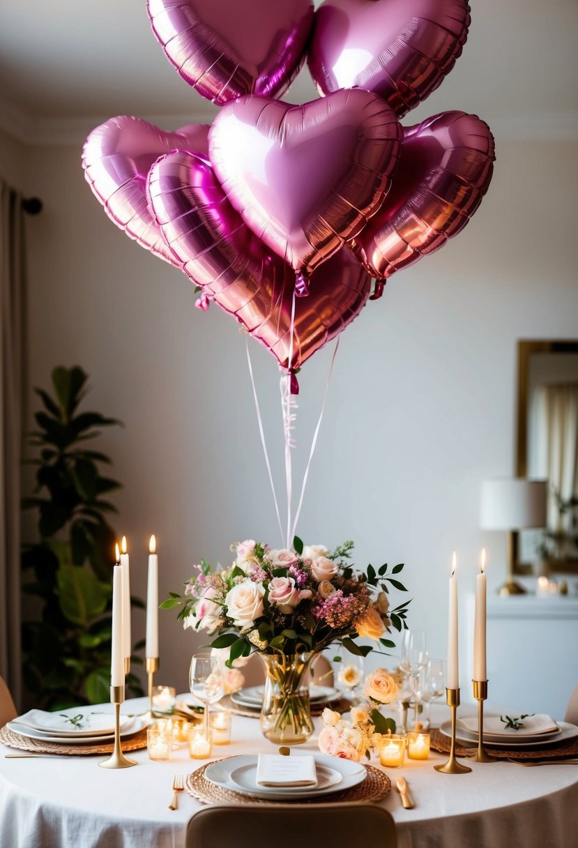 Heart-shaped balloons float above a table adorned with candles and flowers, creating a romantic atmosphere for a wedding anniversary celebration at home