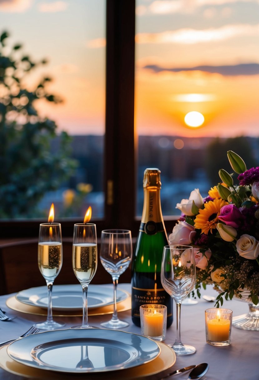 A candlelit table with a bouquet of flowers, fine china, and a bottle of champagne. Soft music plays in the background as the sun sets outside the window