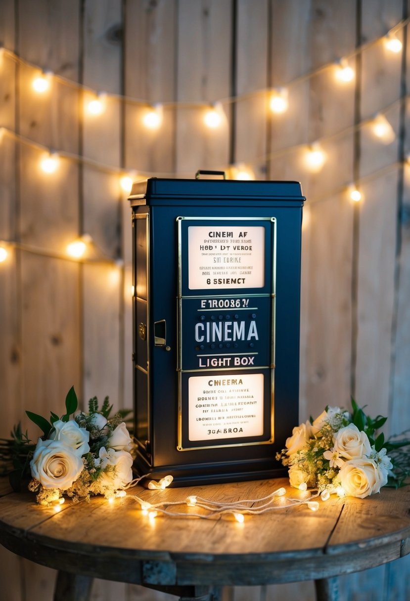 A vintage cinema light box sits on a rustic wooden table, surrounded by glowing string lights and floral decor