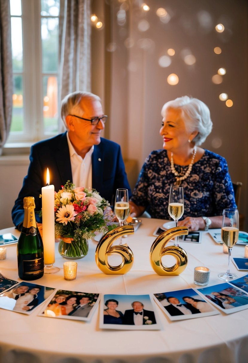 A couple sits at a candlelit table with a bouquet of flowers and a bottle of champagne, surrounded by photos from their 66 years together