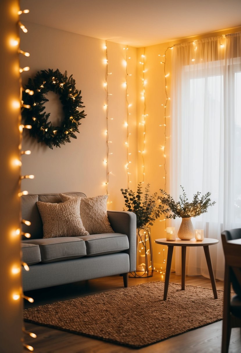 Fairy lights cast a warm glow over a cozy home, adorning walls and furniture for a romantic wedding anniversary celebration