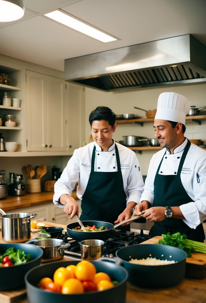 A cozy kitchen with two chefs surrounded by pots, pans, and fresh ingredients. A teacher demonstrates while the other eagerly follows along