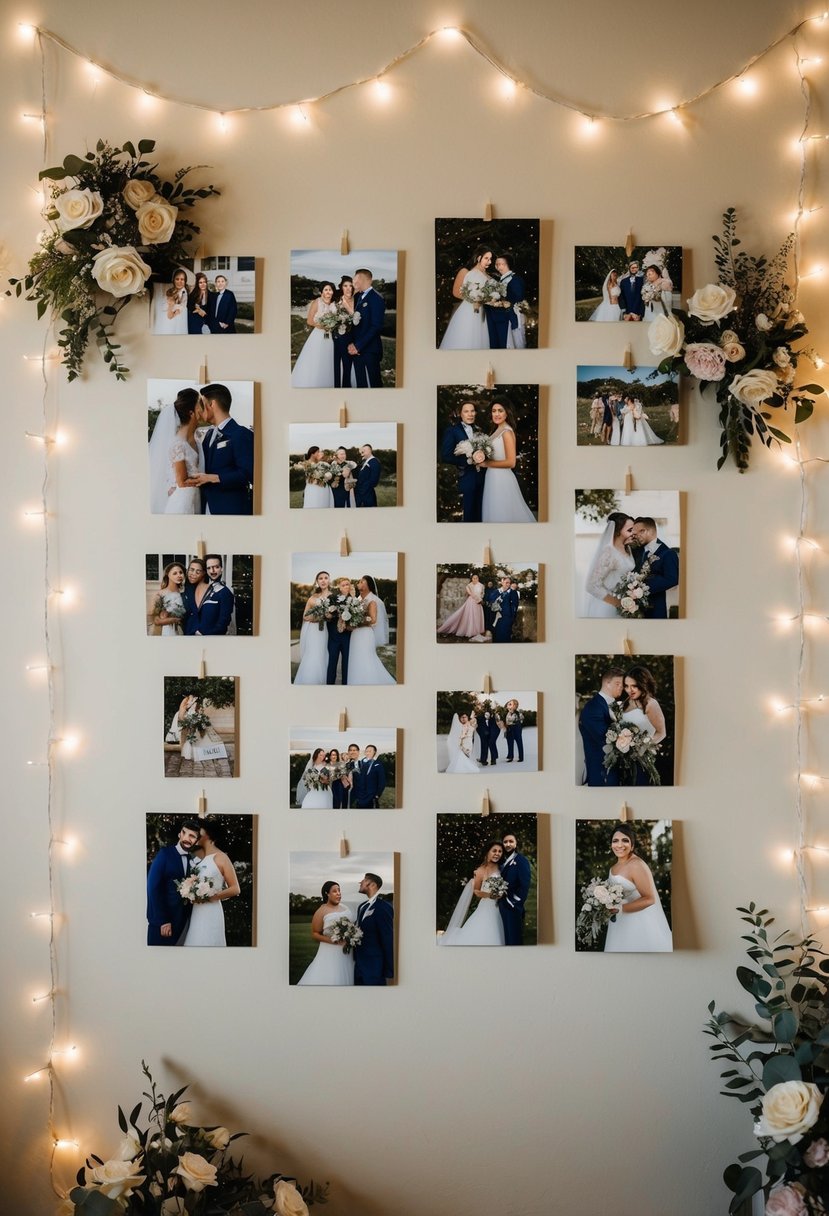 A photo collage of wedding memories hangs on a wall, surrounded by fairy lights and floral decorations