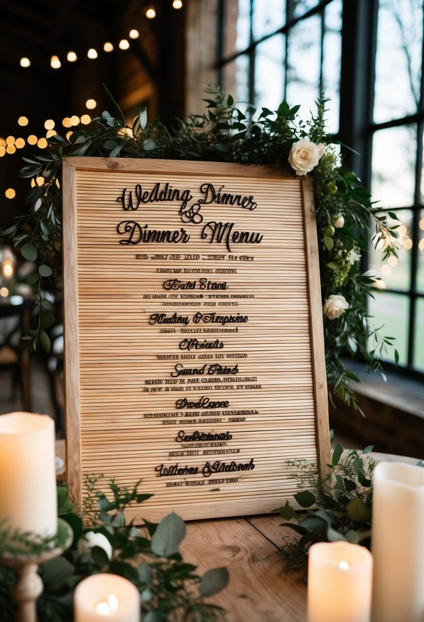 A rustic wooden letter board displays a wedding dinner menu with elegant calligraphy, surrounded by soft candlelight and greenery