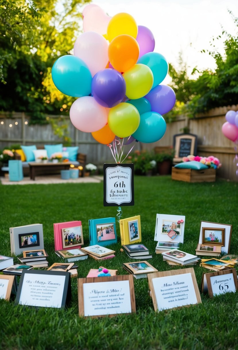 A backyard filled with colorful balloons, photo albums, and handmade signs leading to hidden treasures for a 66th wedding anniversary scavenger hunt