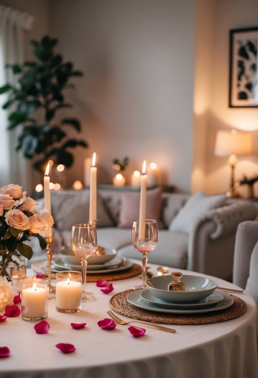 A cozy living room with soft, romantic lighting, scattered rose petals, and a table set with candles and elegant dinnerware