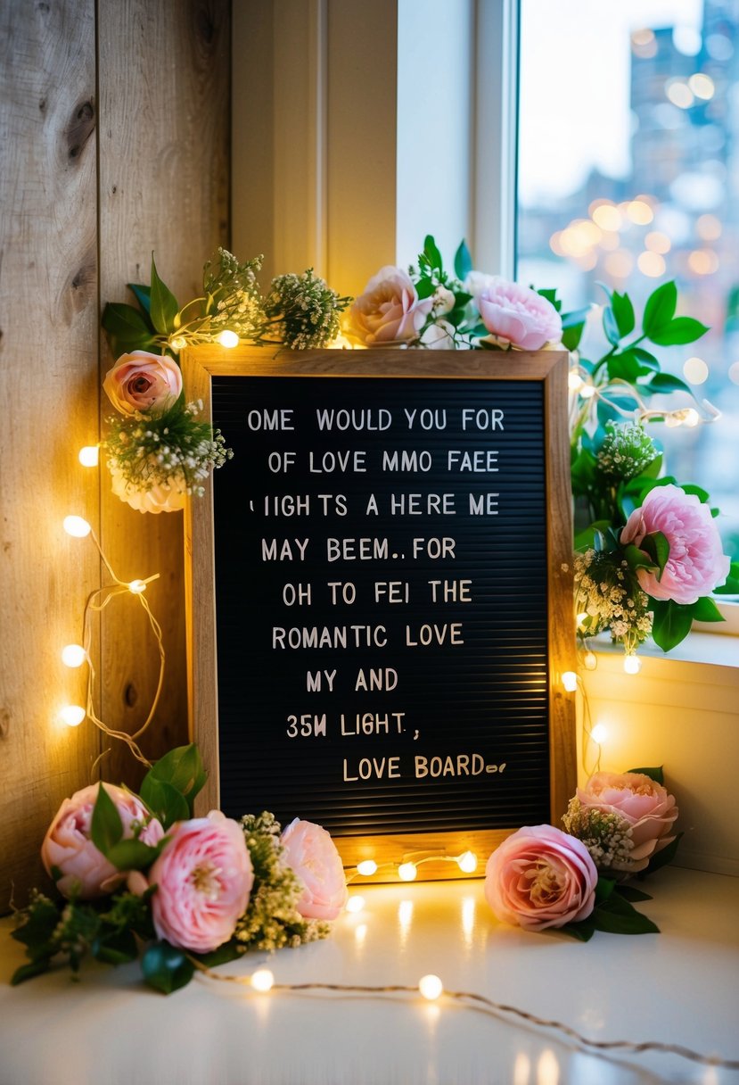 A cozy corner with a rustic wooden letter board surrounded by fairy lights, flowers, and romantic love quotes