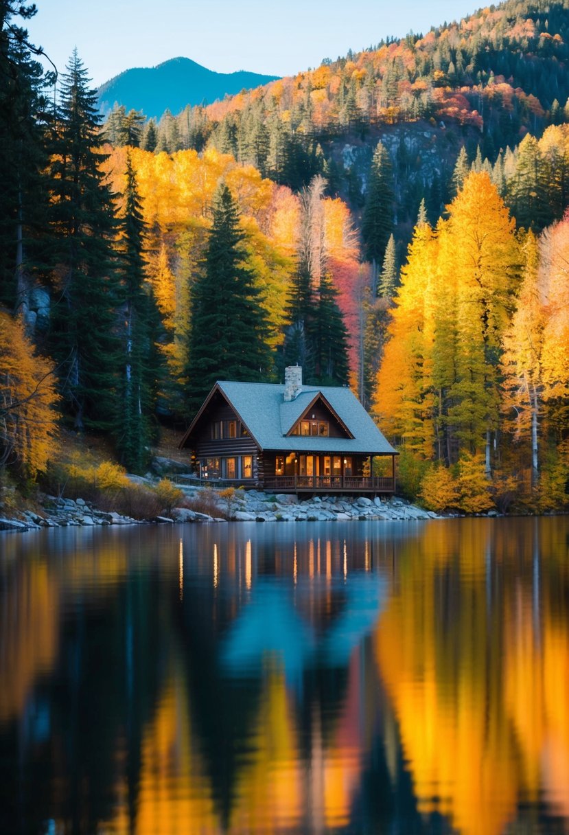 A cozy cabin nestled in the mountains, surrounded by colorful autumn foliage and a serene lake