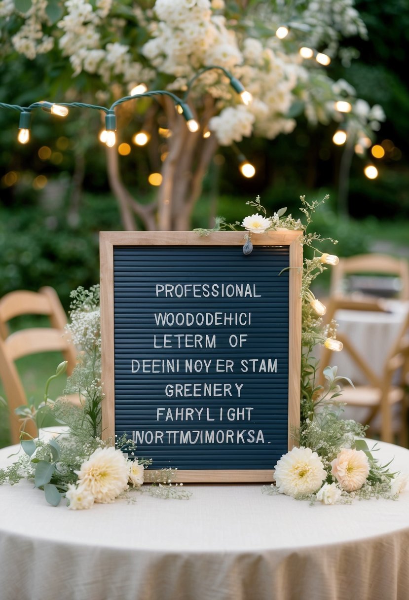 A rustic wooden letter board sits on a table, surrounded by delicate flowers and greenery. The soft glow of fairy lights adds a romantic touch to the scene