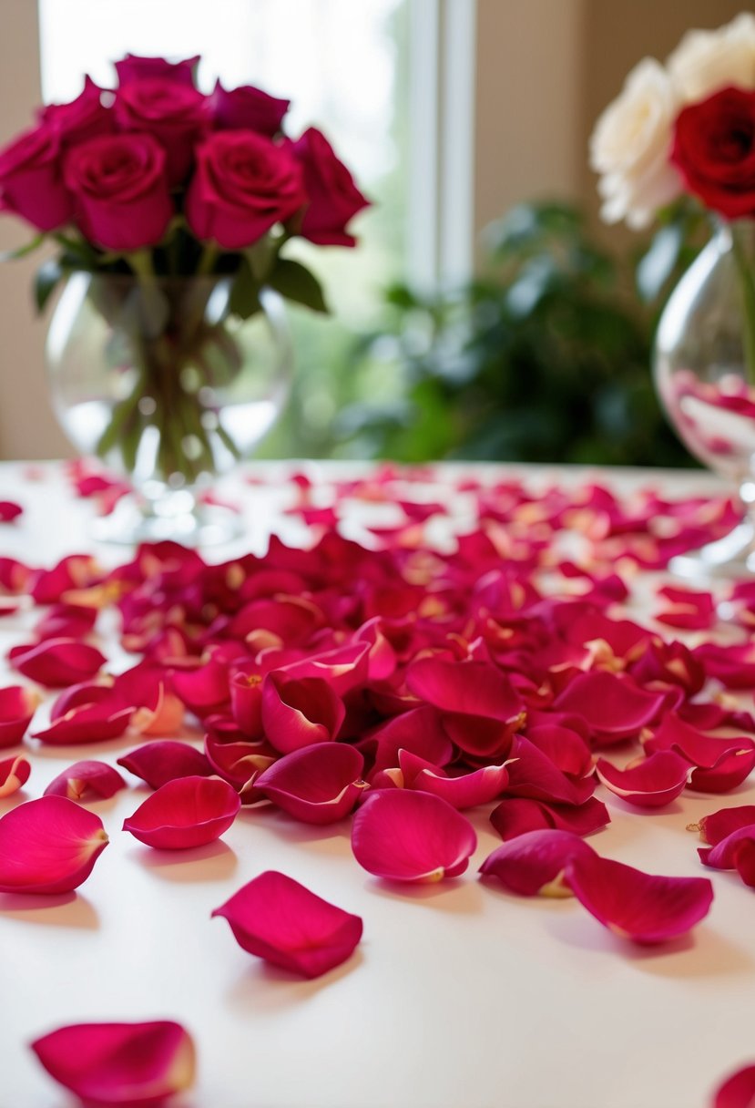 Rose petals scattered on a table for a romantic wedding anniversary decoration at home