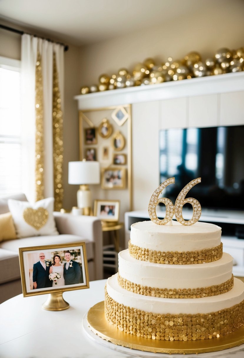 A cozy living room adorned with gold and white decorations, a large cake with "66" topper, and a vintage photo display of the happy couple