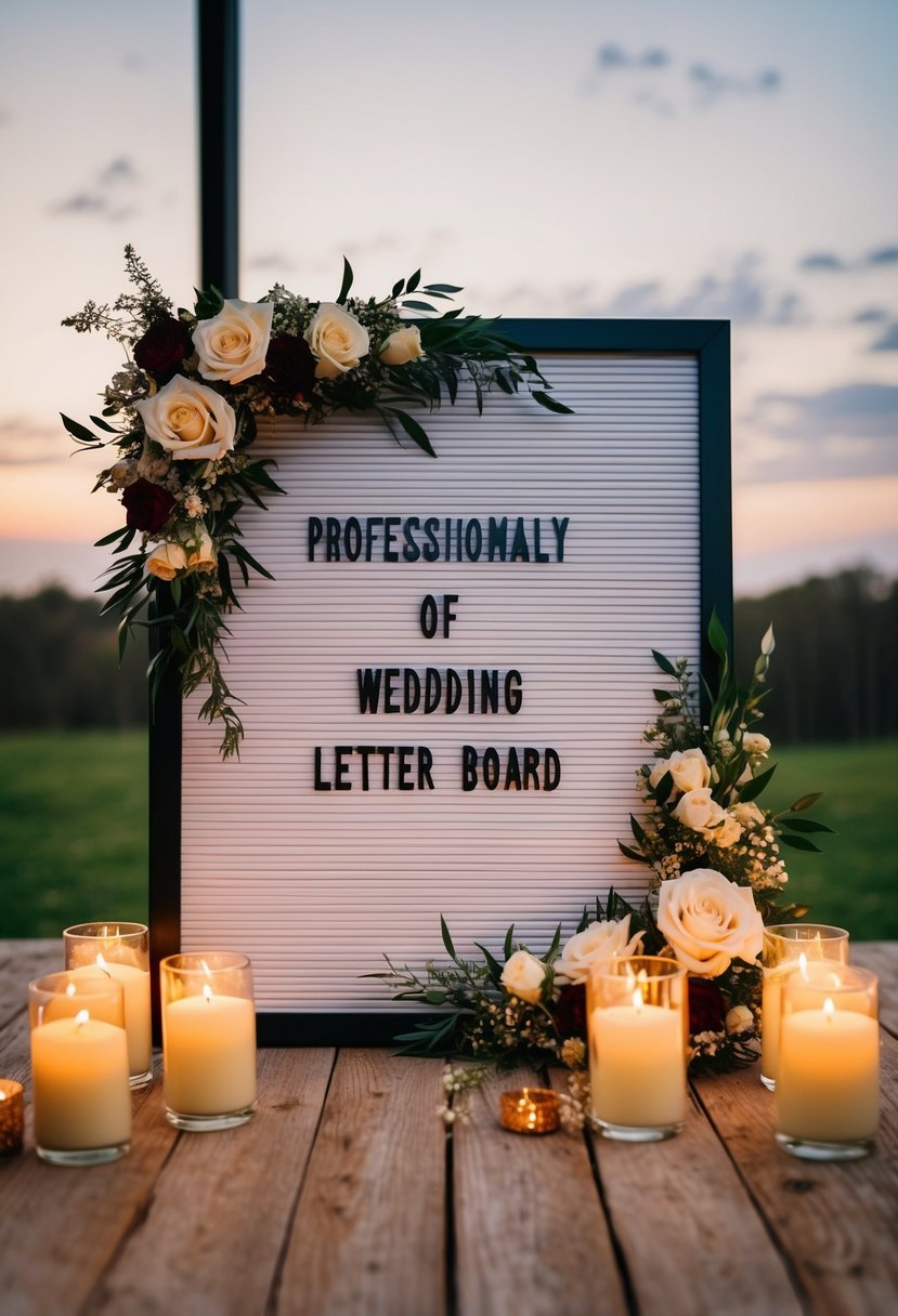 A beautifully decorated wedding letter board surrounded by flowers and candles